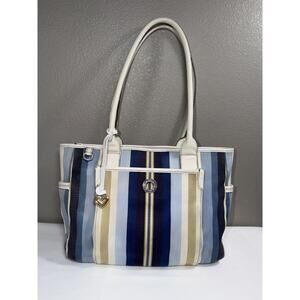 Brighton Cruz Nautical Nave Tote Bag Blue Navy Cream Canvas White Leather Trim
